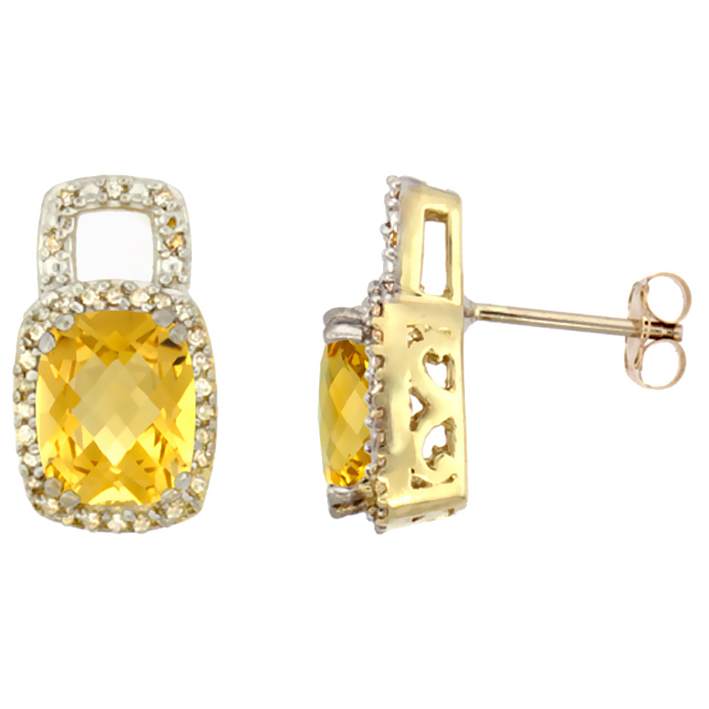 10K YELLOW GOLD DIAMOND NATURAL CITRINE EARRINGS OCTAGON CUSHION 8X6 MM