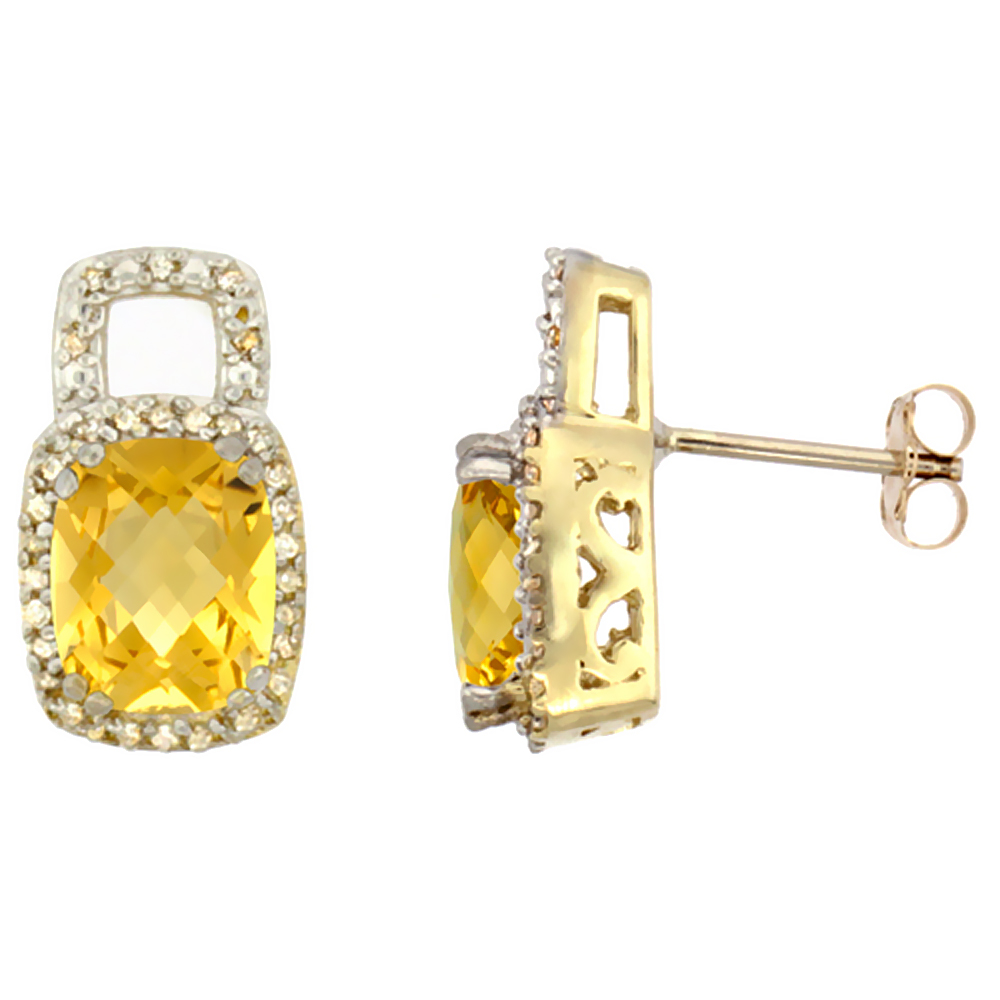10K Yellow Gold Diamond Natural Citrine Earrings Octagon Cushion 8x6 mm