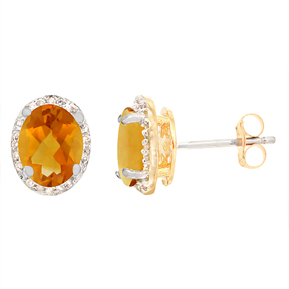 10K YELLOW GOLD DIAMOND NATURAL CITRINE EARRINGS OVAL 7X5 MM