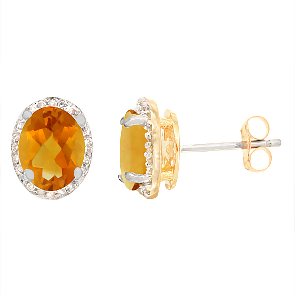 10K Yellow Gold Diamond Natural Citrine Earrings Oval 7x5 mm