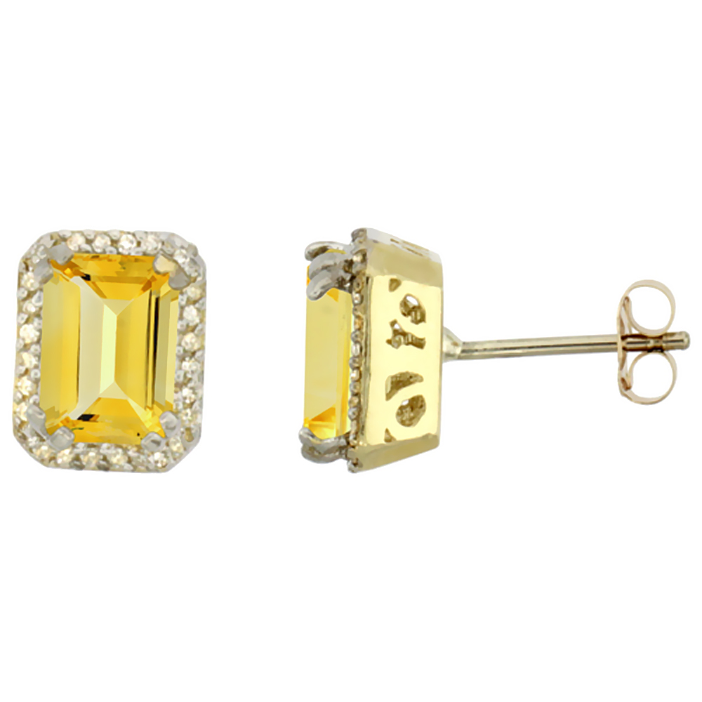 10K Yellow Gold Diamond Natural Citrine Earrings Octagon 7x5 mm