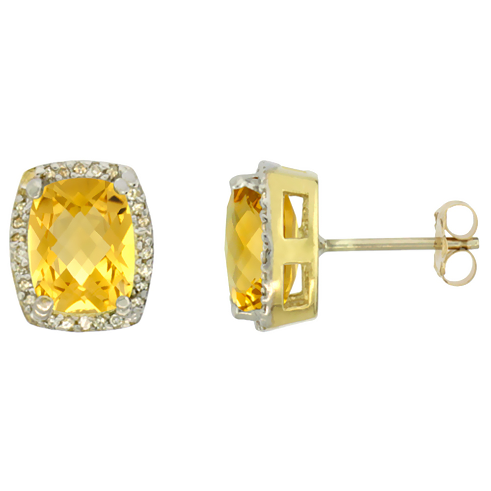 10K YELLOW GOLD DIAMOND NATURAL CITRINE EARRINGS OCTAGON CUSHION 8X6 MM