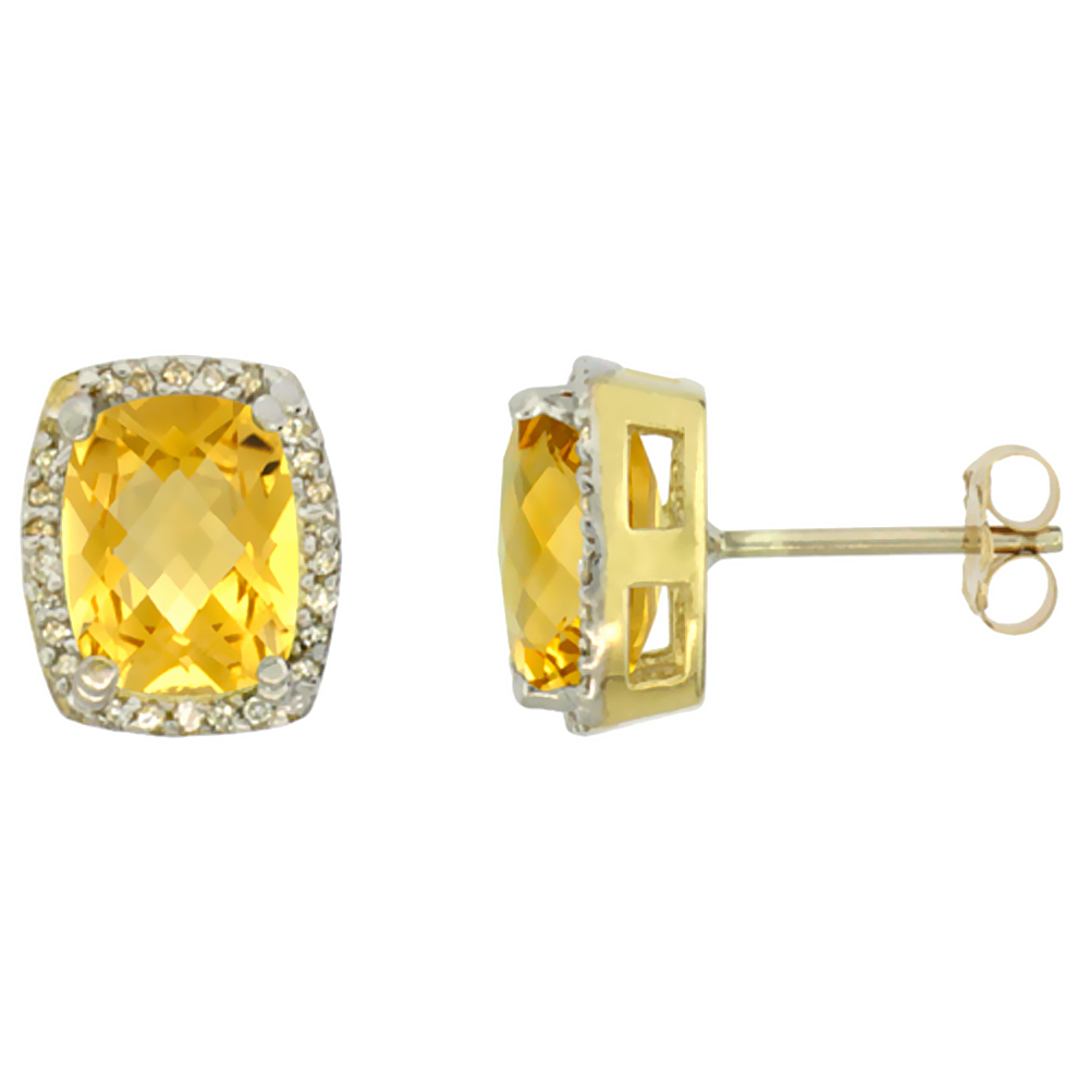 10K Yellow Gold Diamond Natural Citrine Earrings Octagon Cushion 8x6 mm