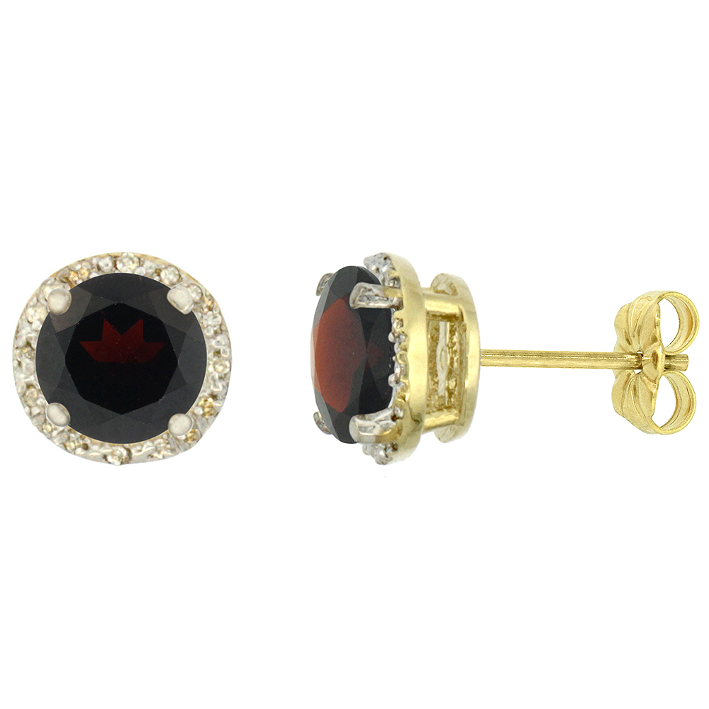 10K YELLOW GOLD 0.06 CTTW DIAMOND NATURAL GARNET EARRINGS ROUND 7X7 MM
