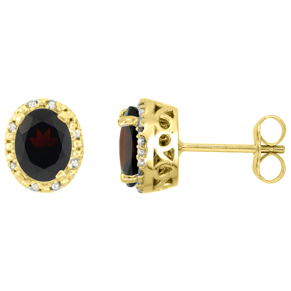 10K Yellow Gold Diamond Halo Natural Garnet Stud Earrings Oval 7x5 mm
