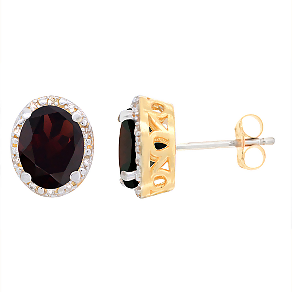 10K Yellow Gold Genuine Garnet Stud Earrings Diamond Halo Oval 8x6 mm