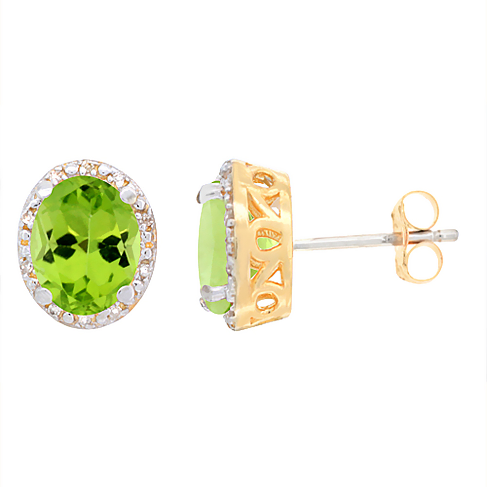 10K Yellow Gold Genuine Peridot Stud Earrings Diamond Halo Oval 8x6 mm