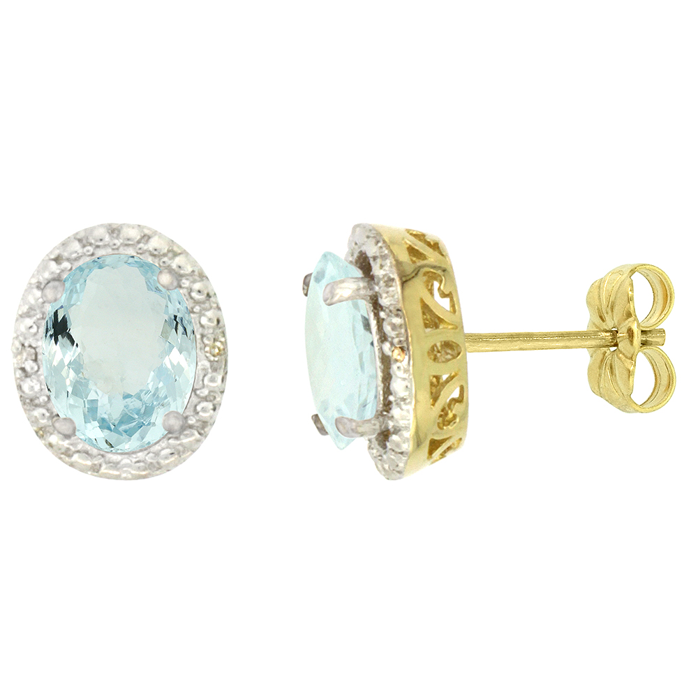10K YELLOW GOLD 0.01 CTTW DIAMOND NATURAL AQUAMARINE POST EARRINGS OVAL 7X5 MM