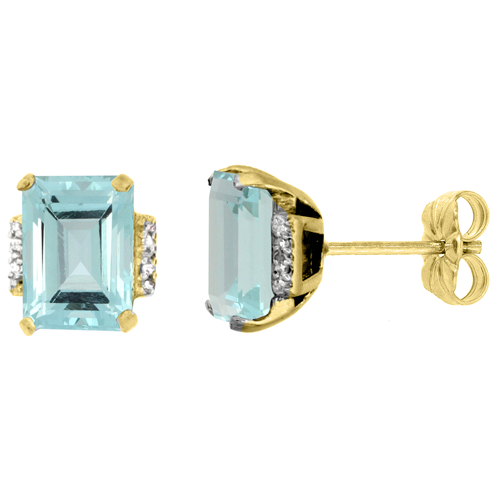 10K YELLOW GOLD 0.02 CTTW DIAMOND NATURAL AQUAMARINE EARRINGS OCTAGON 8X6 MM