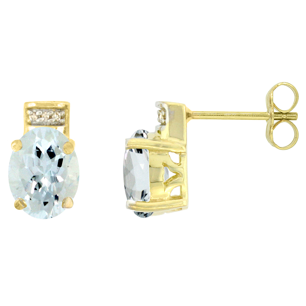 10K Yellow Gold Diamond Natural Aquamarine Earrings Oval 8x6 mm