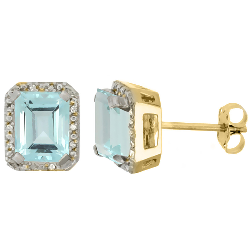 10K YELLOW GOLD DIAMOND NATURAL AQUAMARINE EARRINGS OCTAGON 8X6 MM