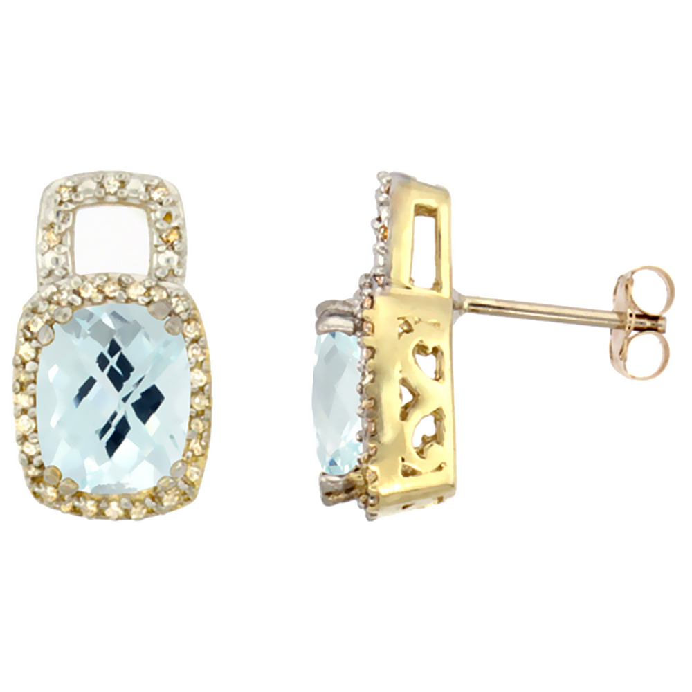 10K YELLOW GOLD DIAMOND NATURAL AQUAMARINE EARRINGS OCTAGON CUSHION 8X6 MM
