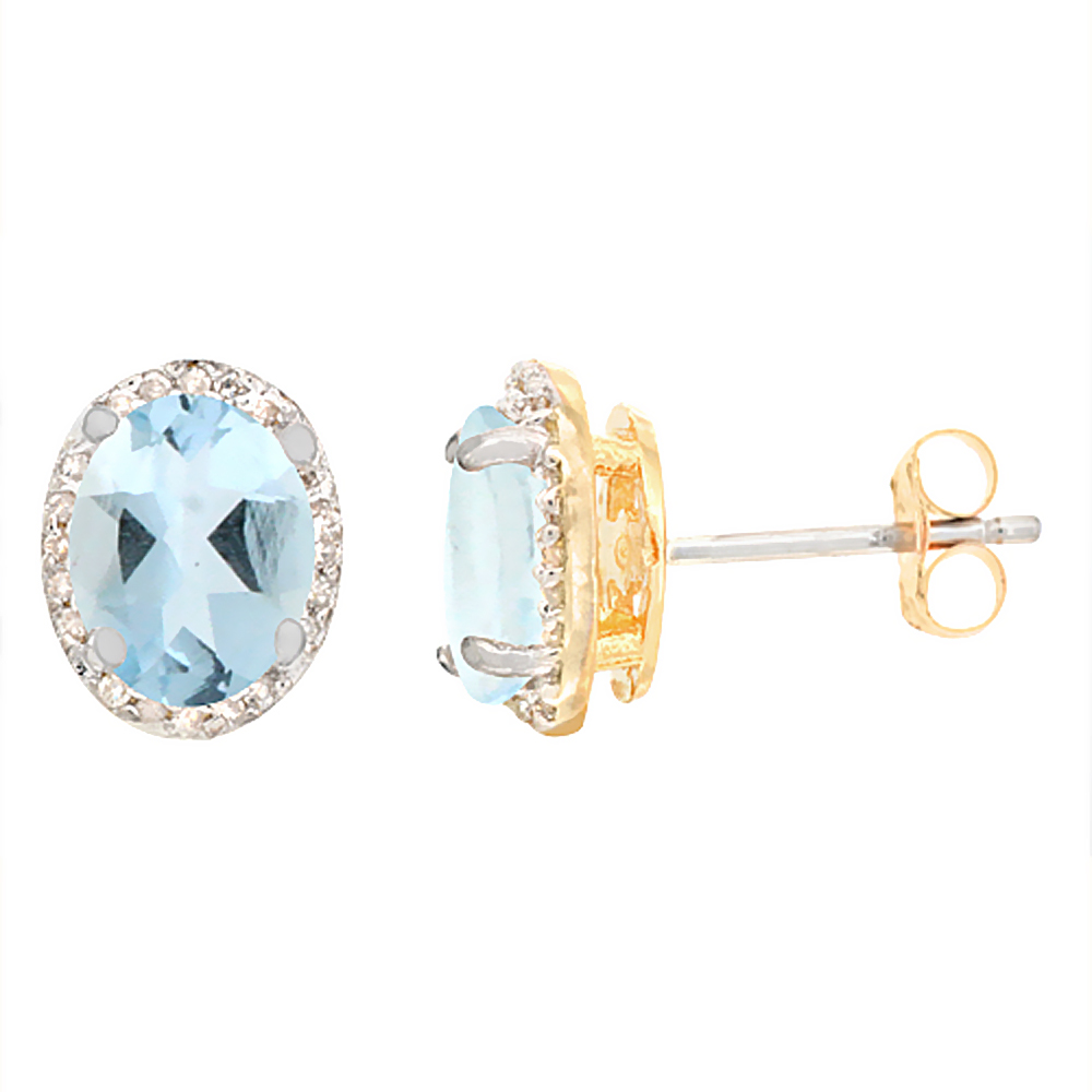 10K YELLOW GOLD DIAMOND NATURAL AQUAMARINE EARRINGS OVAL 7X5 MM