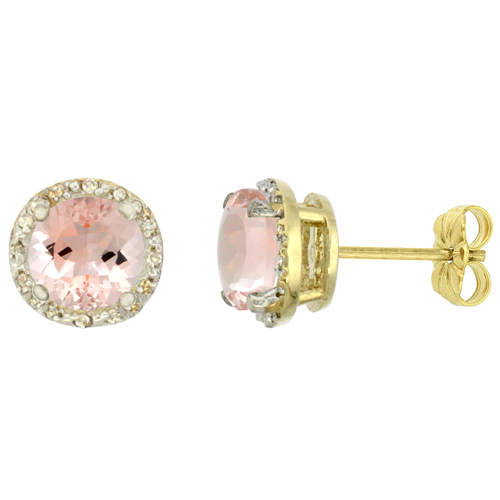 10K YELLOW GOLD 0.06 CTTW DIAMOND NATURAL MORGANITE EARRINGS ROUND 7X7 MM
