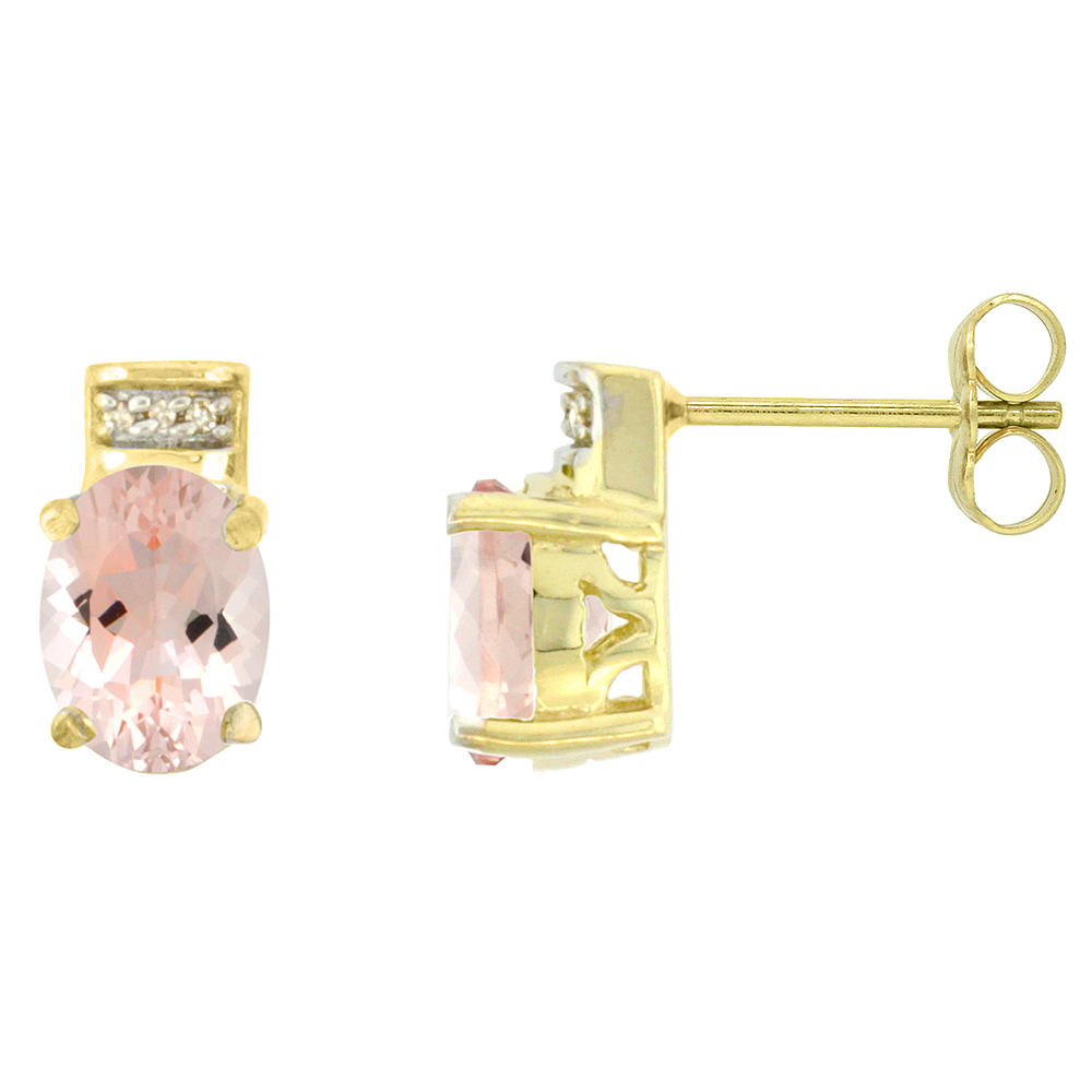 10K YELLOW GOLD DIAMOND NATURAL MORGANITE EARRINGS OVAL 8X6 MM