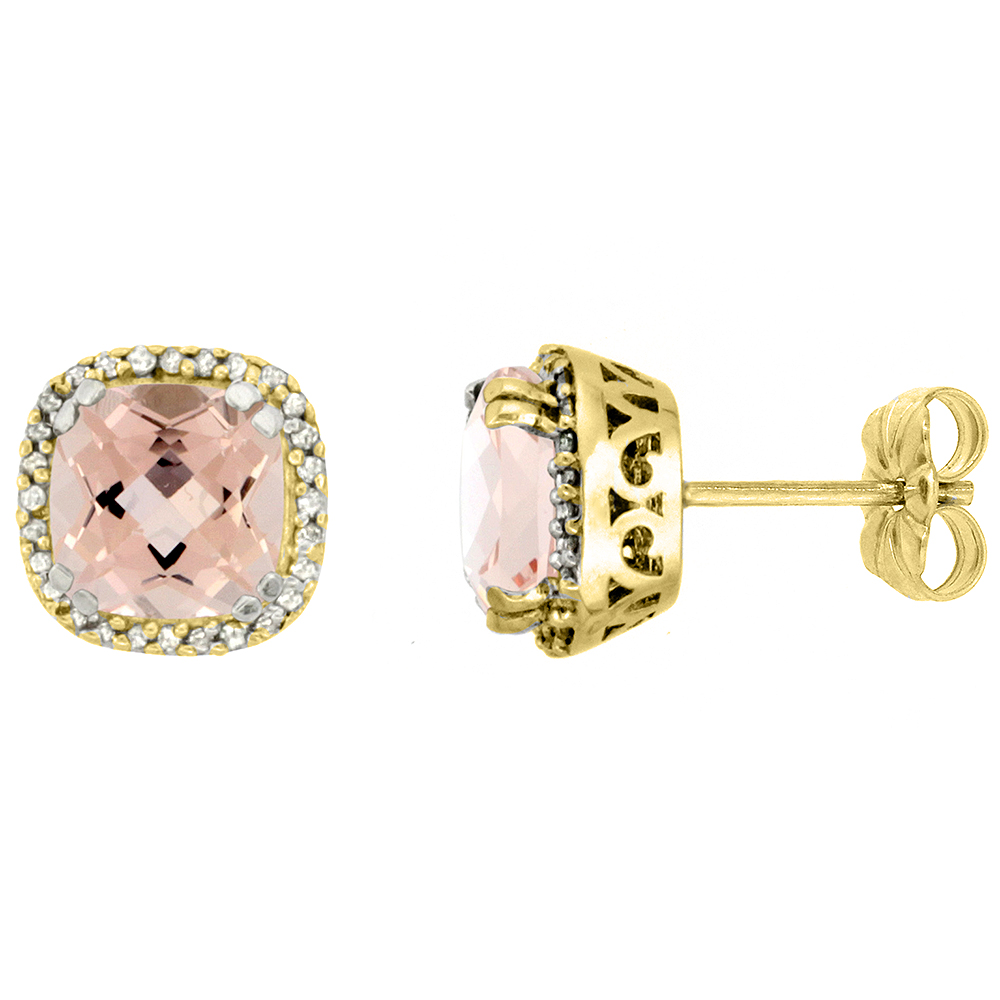10K YELLOW GOLD DIAMOND HALO NATURAL MORGANITE STUD EARRINGS CUSHION SHAPED 7X7 MM