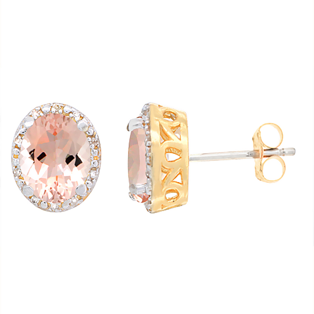 10K YELLOW GOLD GENUINE MORGANITE STUD EARRINGS DIAMOND HALO OVAL 8X6 MM