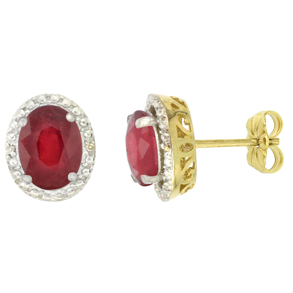 10K Yellow Gold 0.01 cttw Diamond Enhanced Genuine Ruby Post Earrings Oval 7x5 mm