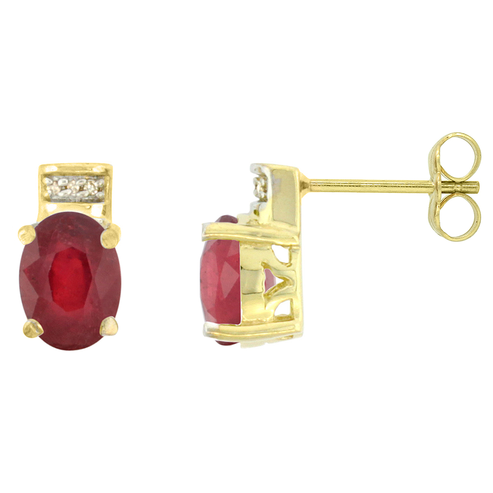 10K Yellow Gold Diamond Enhanced Genuine Ruby Earrings Oval 8x6 mm