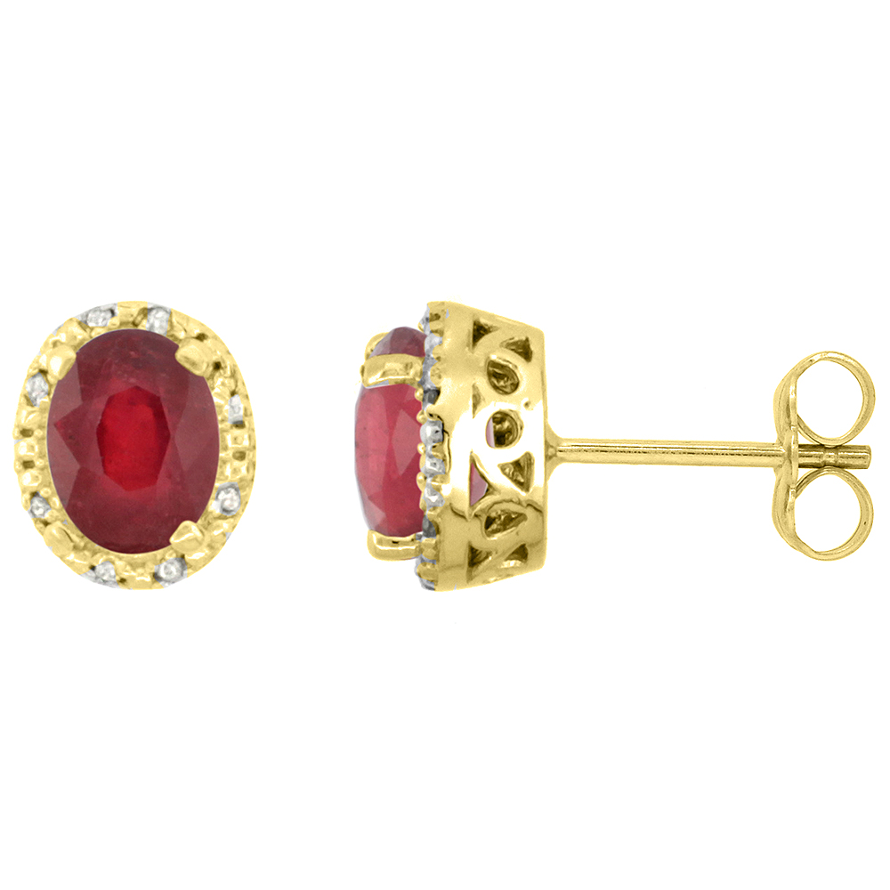 10K YELLOW GOLD DIAMOND HALO ENHANCED GENUINE RUBY STUD EARRINGS OVAL 7X5 MM