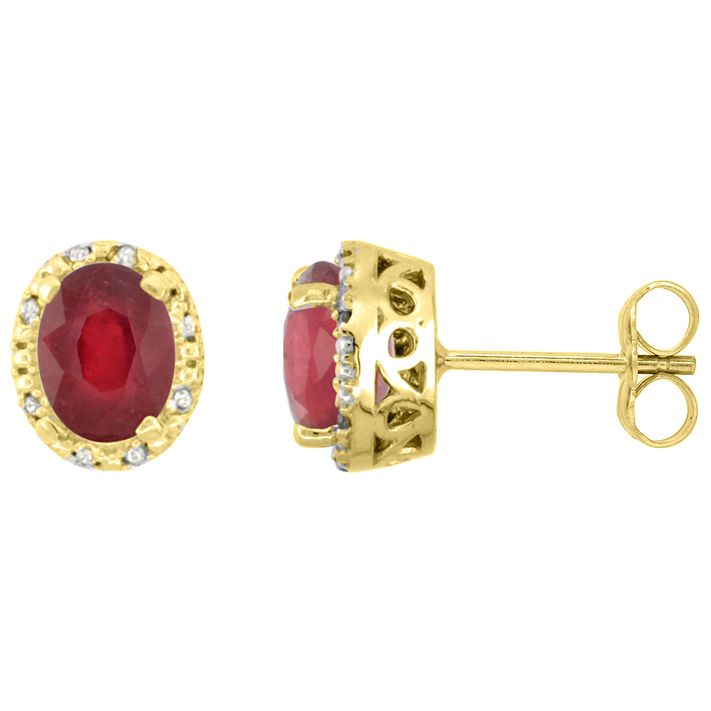 10K Yellow Gold Diamond Halo Enhanced Genuine Ruby Stud Earrings Oval 7x5 mm