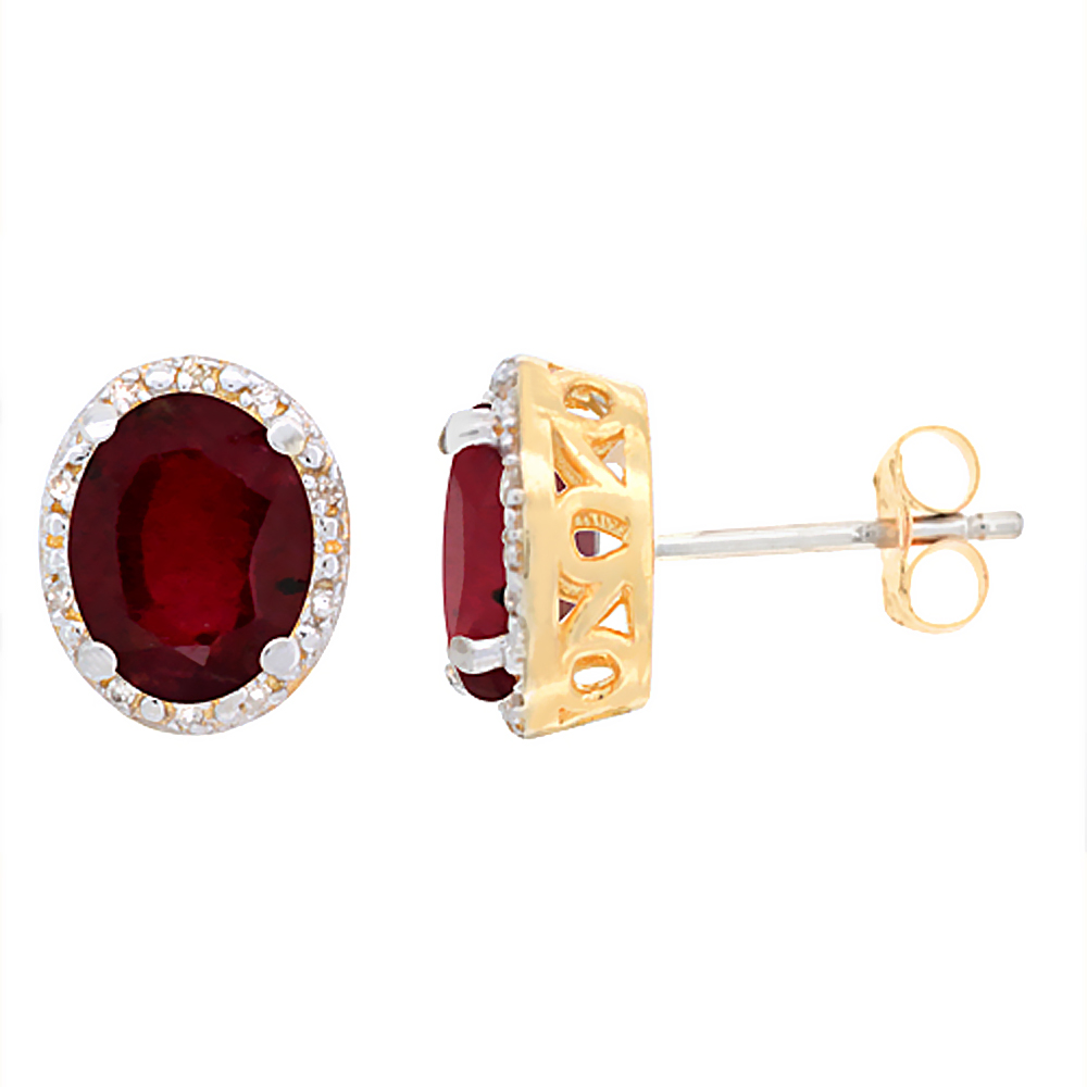 10K Yellow Gold Enhanced Genuine Ruby Stud Earrings Diamond Halo Oval 8x6 mm