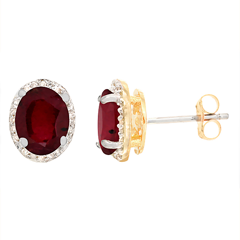 10K Yellow Gold Diamond Natural Ruby Earrings Oval 7x5 mm