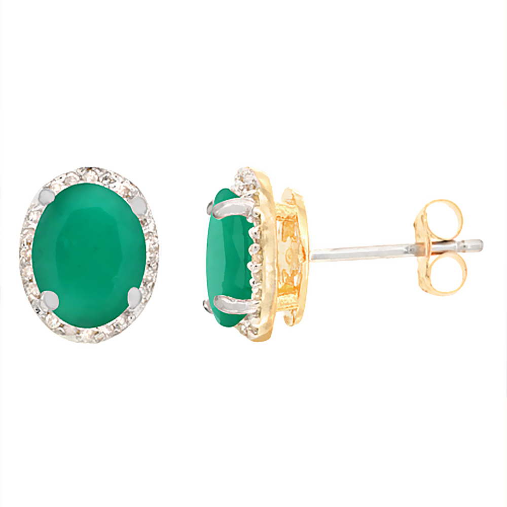 10K YELLOW GOLD DIAMOND NATURAL EMERALD EARRINGS OVAL 7X5 MM