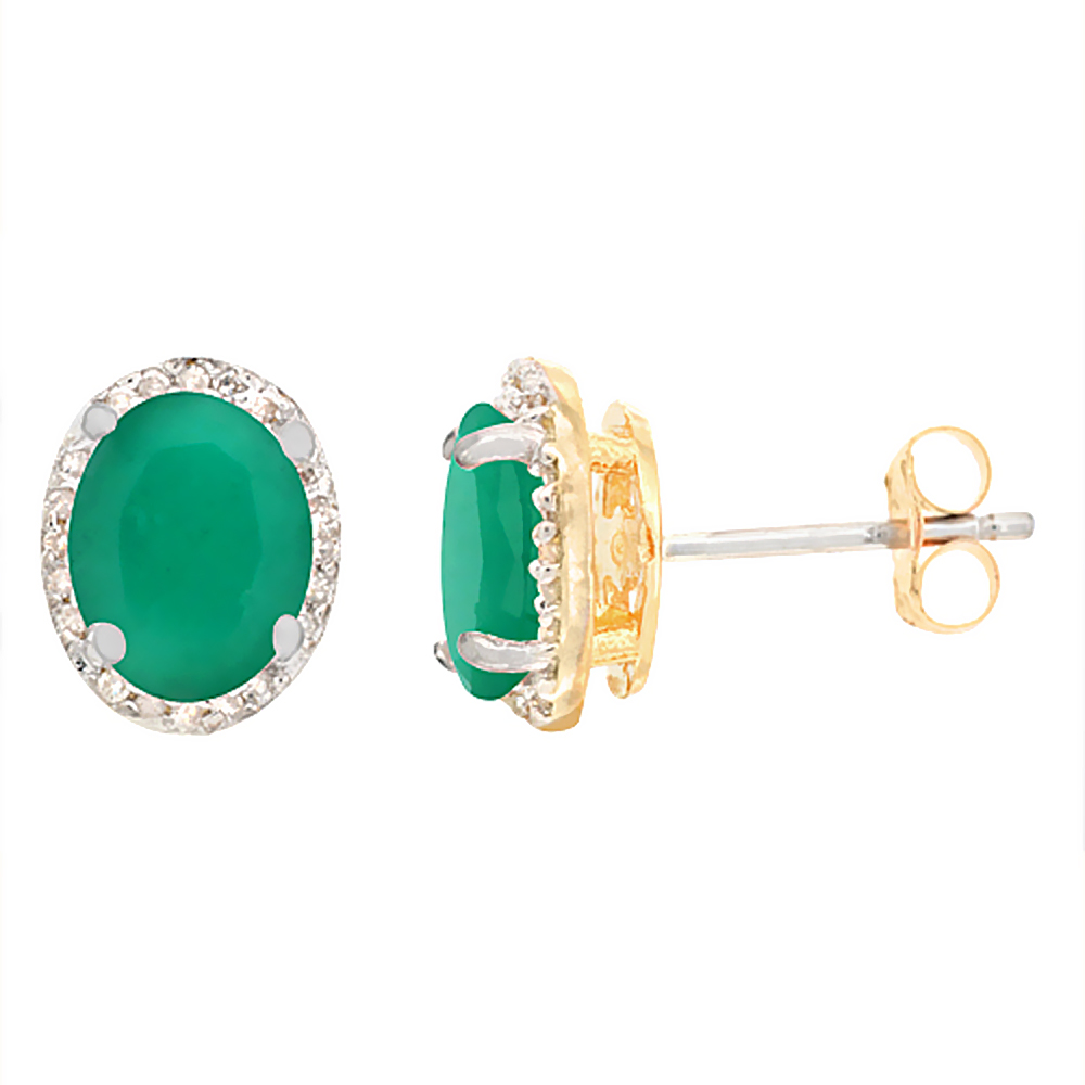 10K Yellow Gold Diamond Natural Emerald Earrings Oval 7x5 mm