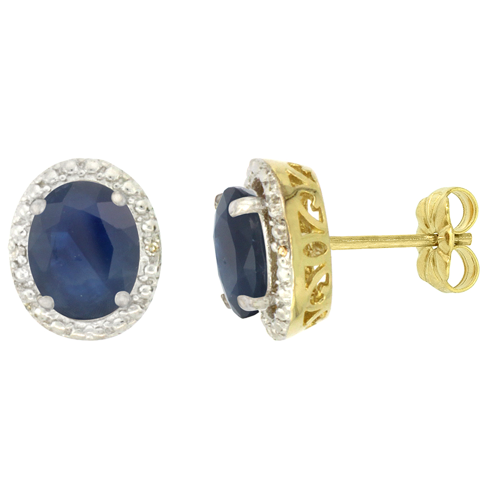 10K YELLOW GOLD 0.01 CTTW DIAMOND NATURAL BLUE SAPPHIRE POST EARRINGS OVAL 7X5 MM