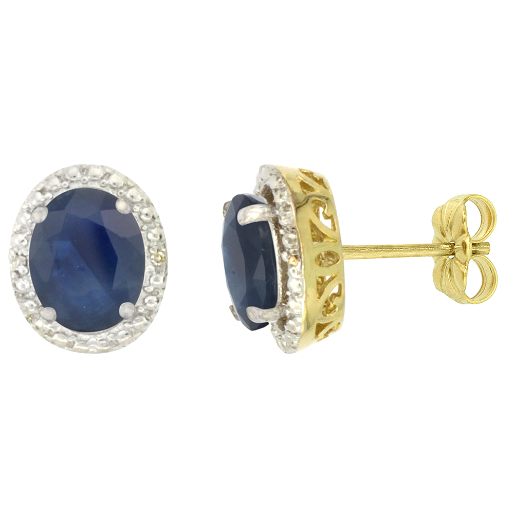 10K Yellow Gold 0.01 cttw Diamond Natural Blue Sapphire Post Earrings Oval 7x5 mm