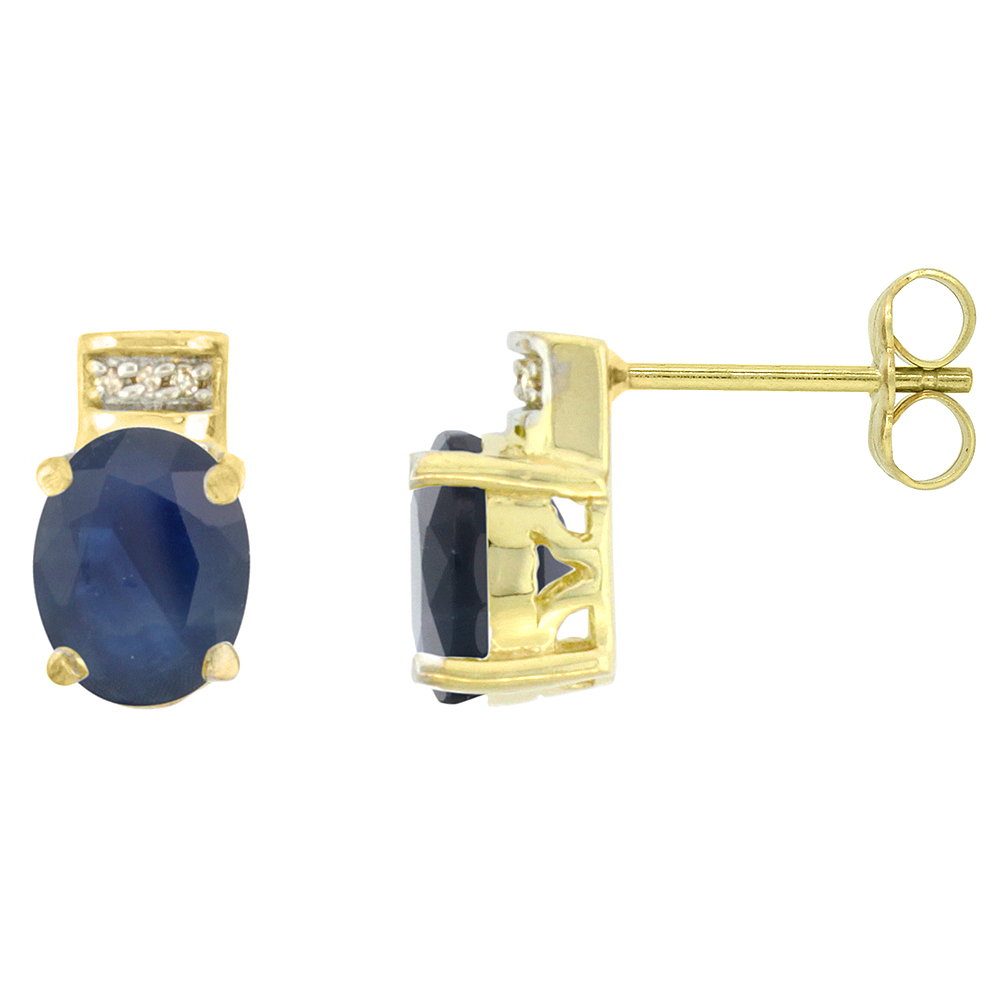 10K Yellow Gold Diamond Natural Blue Sapphire Earrings Oval 8x6 mm