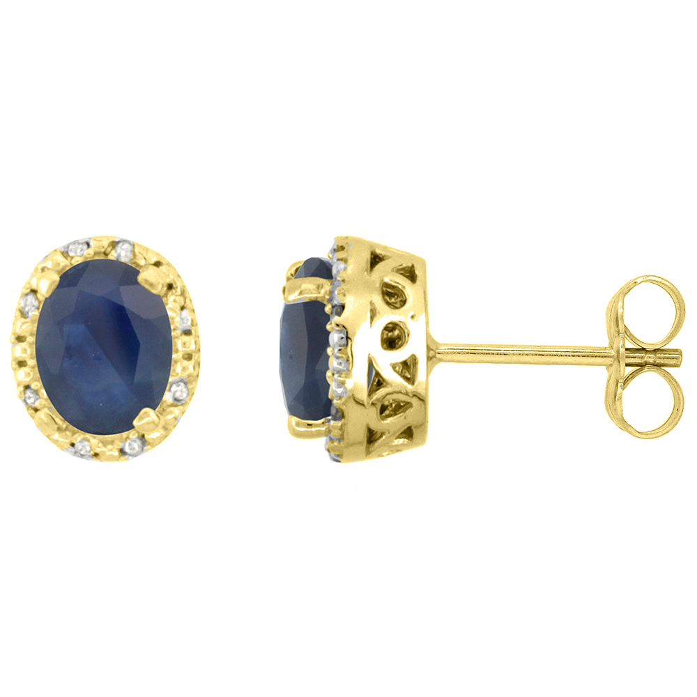 10K YELLOW GOLD DIAMOND HALO NATURAL BLUE SAPPHIRE STUD EARRINGS OVAL 7X5 MM