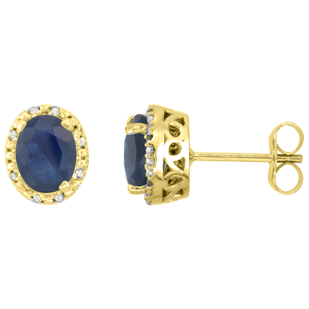10K Yellow Gold Diamond Halo Natural Blue Sapphire Stud Earrings Oval 7x5 mm