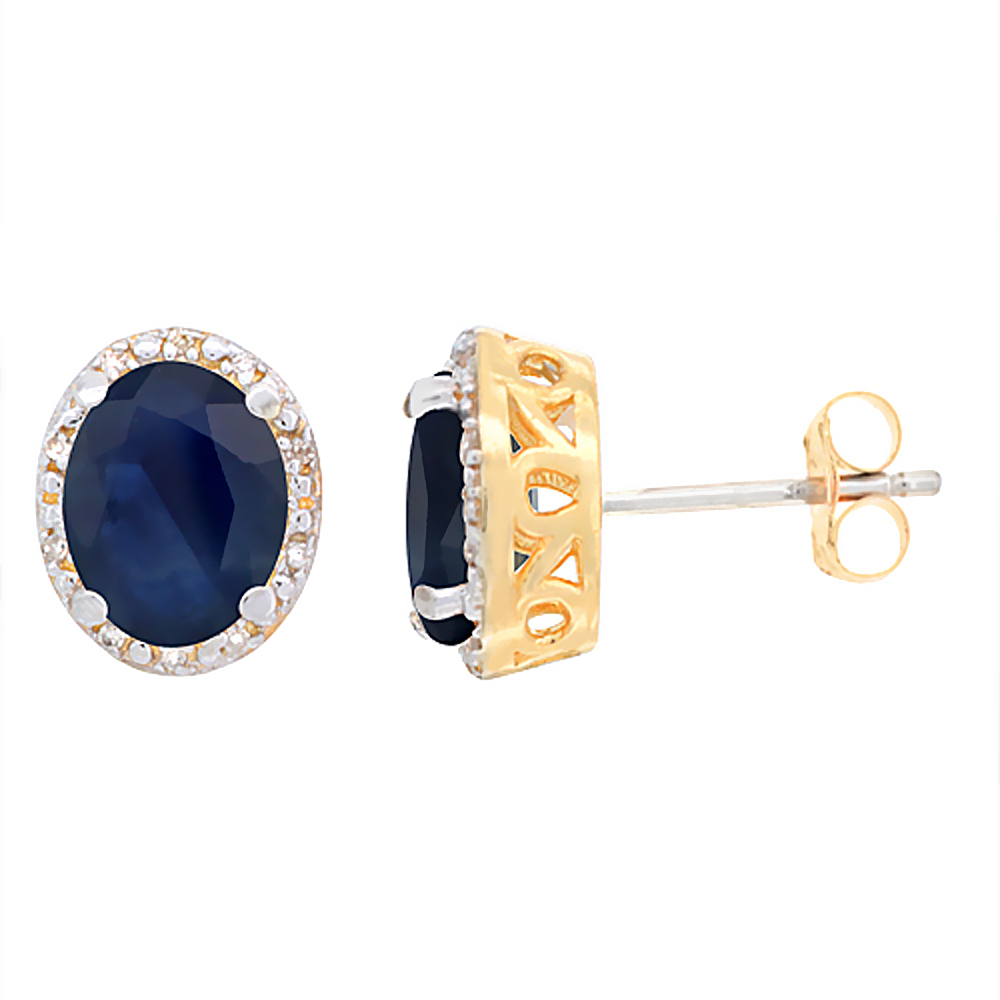10K YELLOW GOLD GENUINE BLUE SAPPHIRE STUD EARRINGS DIAMOND HALO OVAL 8X6 MM