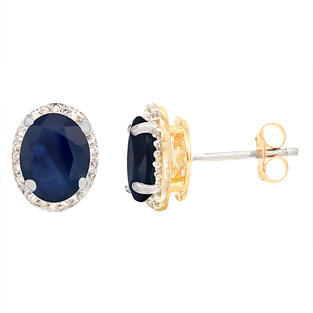 10K Yellow Gold Diamond Natural Blue Sapphire Earrings Oval 7x5 mm