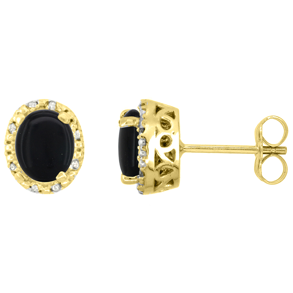10K Yellow Gold Diamond Halo Natural Black Onyx Stud Earrings Oval 7x5 mm