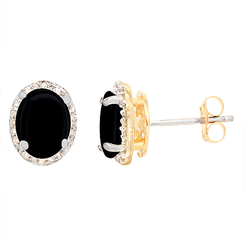 10K Yellow Gold Diamond Natural Black Onyx Earrings Oval 7x5 mm