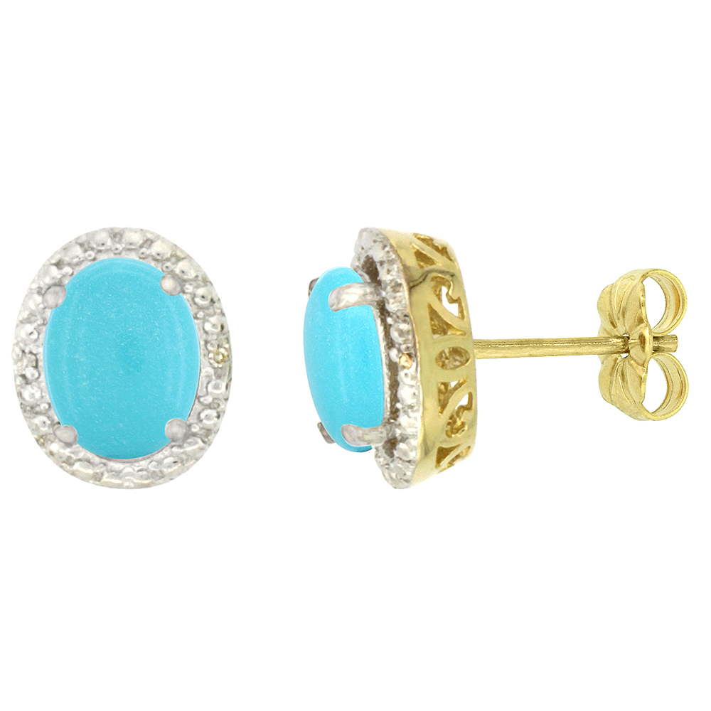 10K Yellow Gold 0.01 cttw Diamond Natural Turquoise Post Earrings Oval 7x5 mm