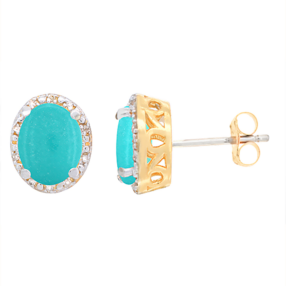 10K Yellow Gold Genuine Turquoise Stud Earrings Diamond Halo Oval 8x6 mm