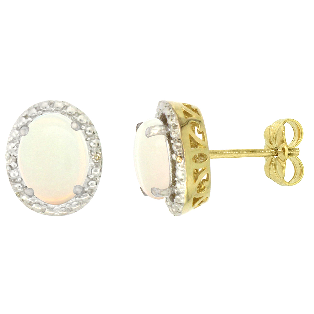 10K YELLOW GOLD 0.01 CTTW DIAMOND NATURAL OPAL POST EARRINGS OVAL 7X5 MM