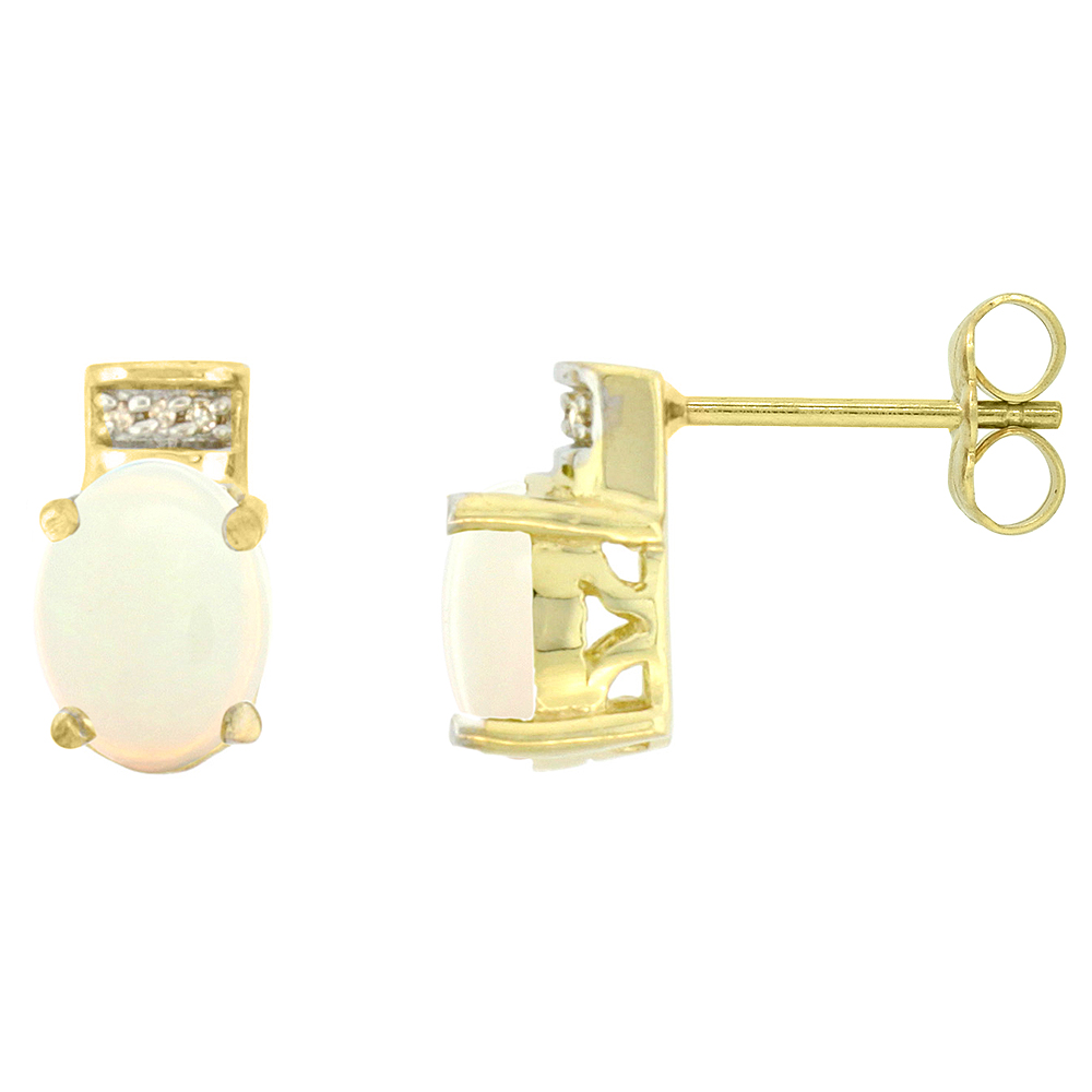 10K Yellow Gold Diamond Natural Opal Earrings Oval 8x6 mm