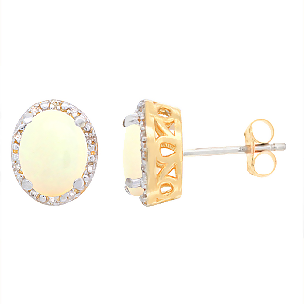 10K Yellow Gold Genuine Opal Stud Earrings Diamond Halo Oval 8x6 mm