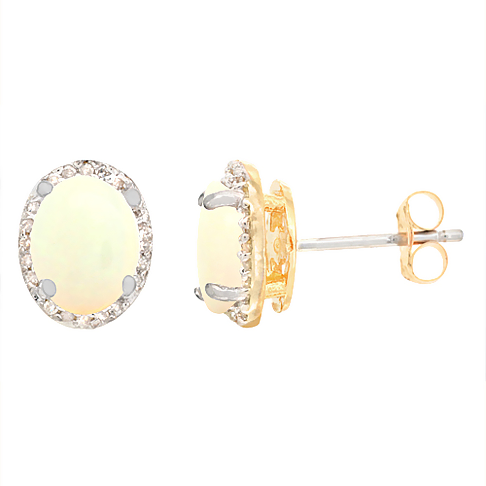 10K Yellow Gold Diamond Natural Opal Earrings Oval 7x5 mm