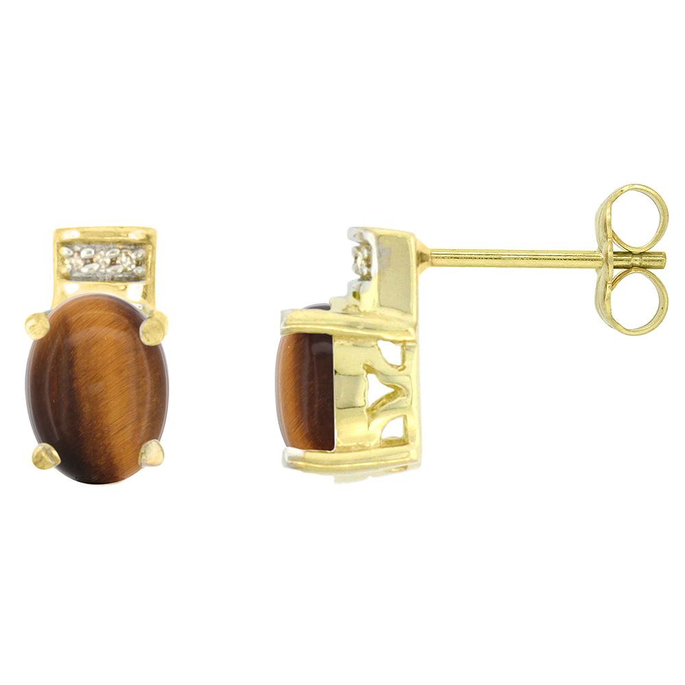10K YELLOW GOLD DIAMOND NATURAL TIGER EYE EARRINGS OVAL 8X6 MM