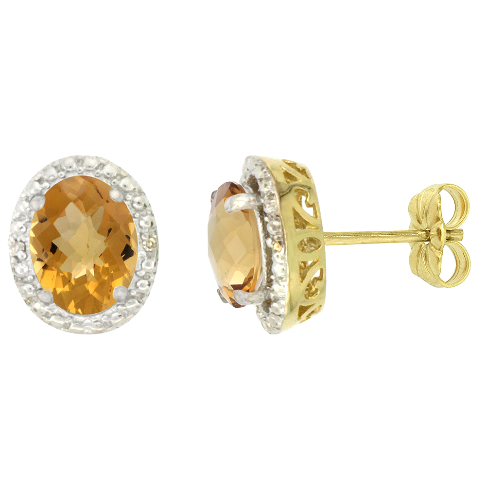 10K YELLOW GOLD 0.01 CTTW DIAMOND NATURAL WHISKY QUARTZ POST EARRINGS OVAL 7X5 MM
