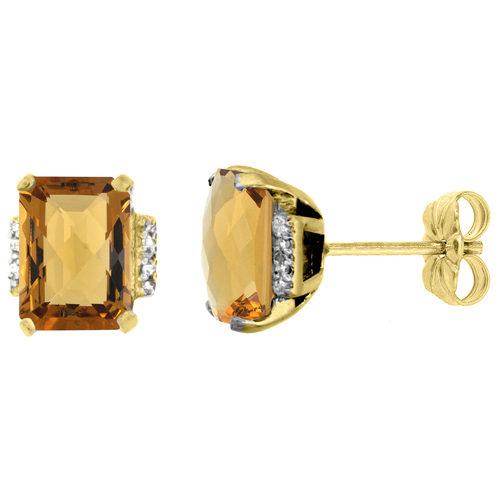 10K Yellow Gold 0.02 cttw Diamond Natural Whisky Quartz Earrings Octagon 8x6 mm