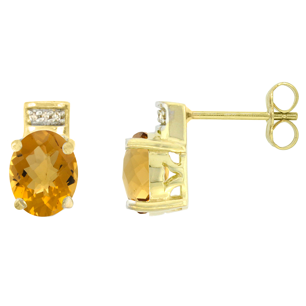10K Yellow Gold Diamond Natural Whisky Quartz Earrings Oval 8x6 mm