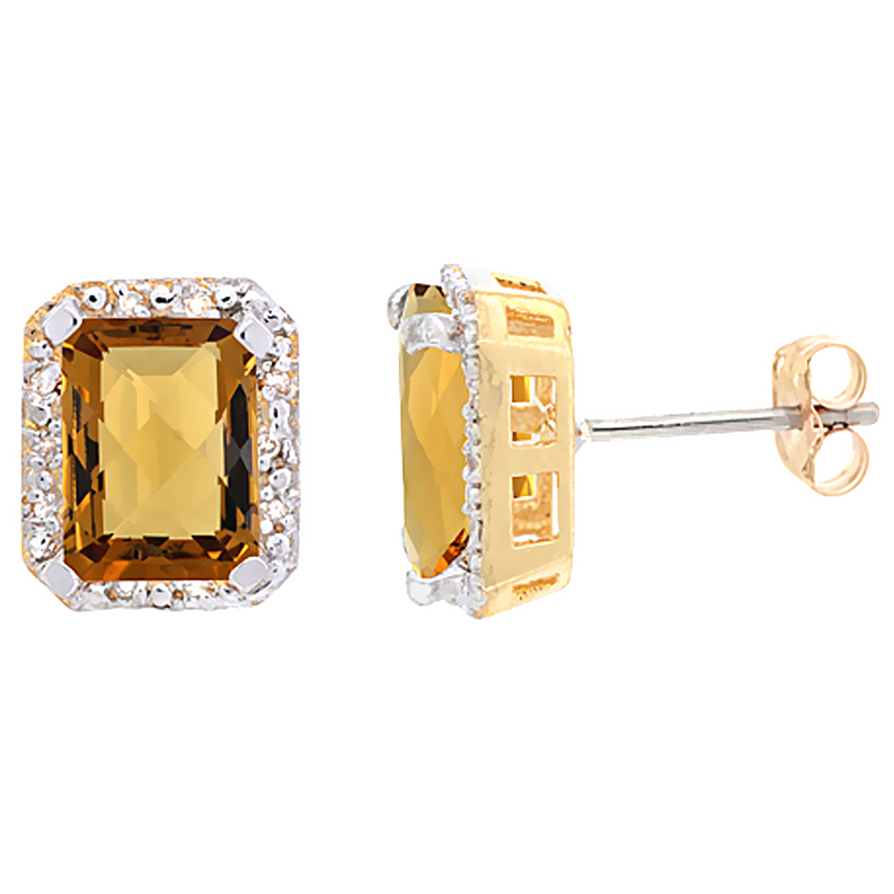 10K Yellow Gold Diamond Natural Whisky Quartz Earrings Octagon 8x6 mm