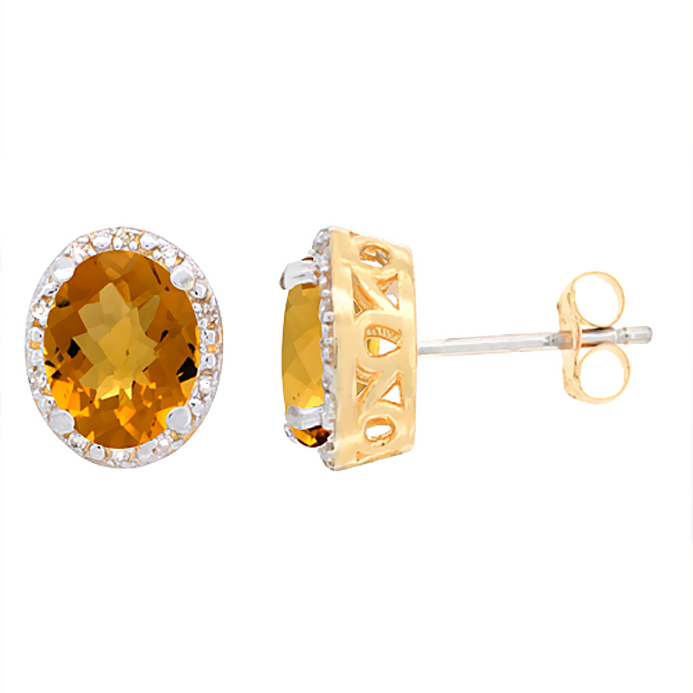 10K YELLOW GOLD GENUINE WHISKY QUARTZ STUD EARRINGS DIAMOND HALO OVAL 8X6 MM